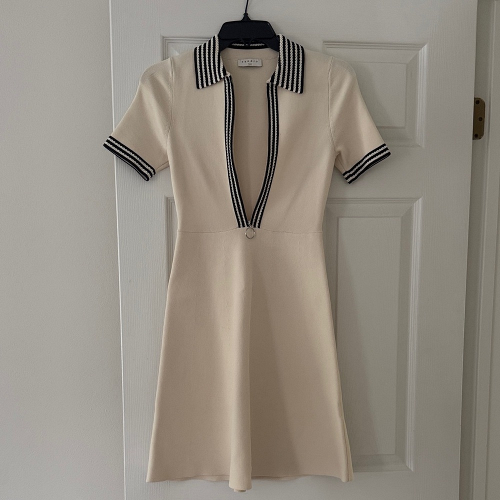 Sandro Cream Mini Dress with Black Striped Trim